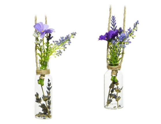 Подвесное украшение БУКЕТ В БУТЫЛОЧКЕ, стекло, искусственные цветы, 3x3x18 см, 2 вида