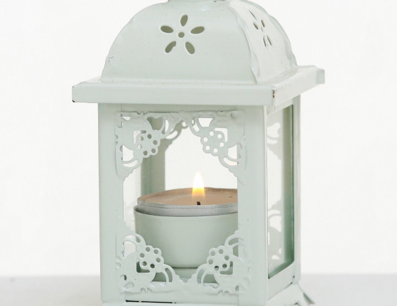 Подсвечник-фонарик под чайную свечу ПАУЛИ - Ажурный ОРНАМЕНТ, металлический, белый, 14х7 см