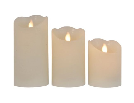 Набор восковых свечей ГАРМОНИЯ, кремовые, тёплые белый LED-огни, колышущееся пламя, 10-15 см, батарейки, ПДУ, 3 шт.