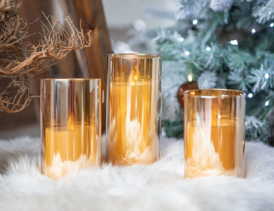 Восковая светодиодная свеча в стакане ТАНЦУЮЩЕЕ ПЛАМЯ, тёплый белый LED-огонь, золотая, батарейки, 7.5х10 см