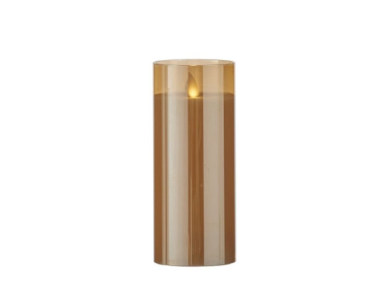 Восковая светодиодная свеча в стакане ТАНЦУЮЩЕЕ ПЛАМЯ, тёплый белый LED-огонь, золотая, батарейки, 7.5х17.5 см