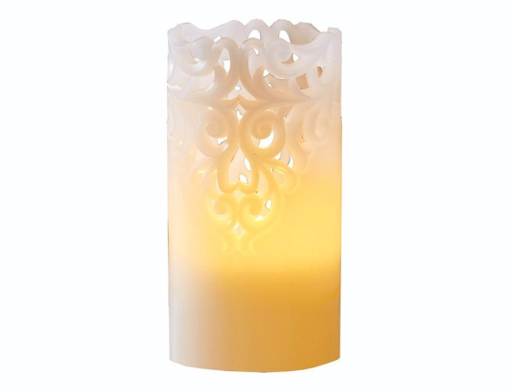Электрическая восковая свеча КРУЖЕВНАЯ белая, тёплый белый LED-огонь мерцающий, таймер, 8х15 см