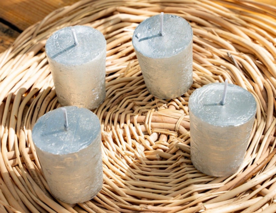 Набор свечей-столбиков МЕТАЛЛИК МРАМОР МИНИ, серебряные, 4.3x4.7 см, (упаковка 4 шт.)