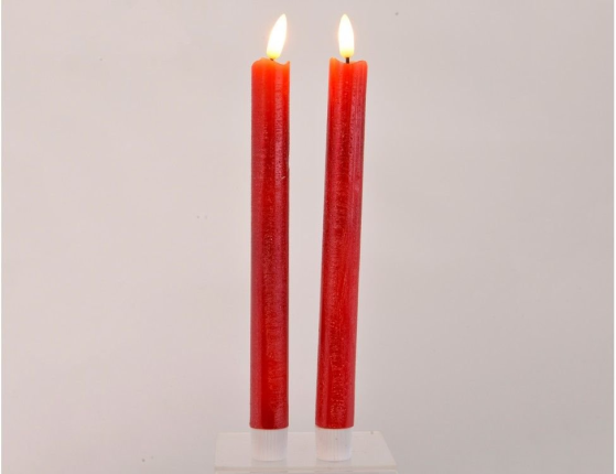 Набор светодиодных столовых восковых свечей ЖИВАЯ ДУША, красных, тёплый белый LED-огонь, "натуральный фитилёк" 24 см, батарейки, 2 шт.