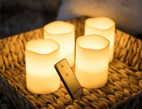 Светодиодные восковые свечи КЛАССИКА, кремовые, тёплые белые LED-огни мерцающие, 7.5х10 см (4 шт.), ПДУ