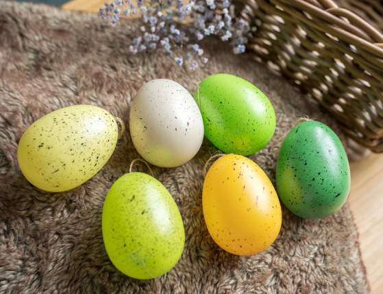 Декоративные пасхальные яйца УЮТНАЯ КРАПИНКА, жёлтые, зелёные и кремовые, 9 см (упаковка 6 шт.)