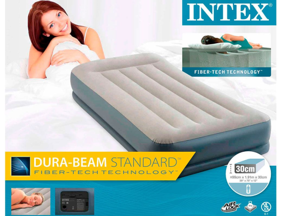 Надувная кровать Intex Pillow Rest Mid-Rise Bed (Twin), 99х191х30см, с подголовником и встроенным насосом 220V