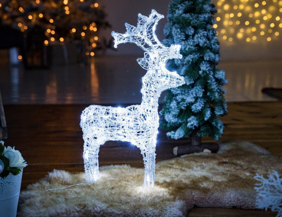 Светящаяся фигура АЖУРНЫЙ ОЛЕНЬ прозрачные акриловые нити, 50 холодных белых LED-огней, мерцающий, 60 см+5 м, уличный