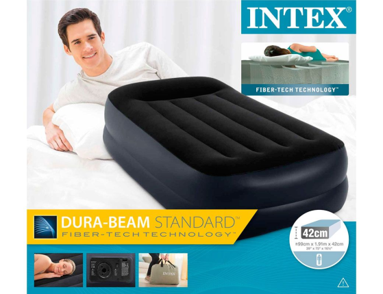 Надувная кровать Intex Pillow Rest Raised Bed (Twin), 99х191х42 см, с подголовником и встроенным насосом 220V